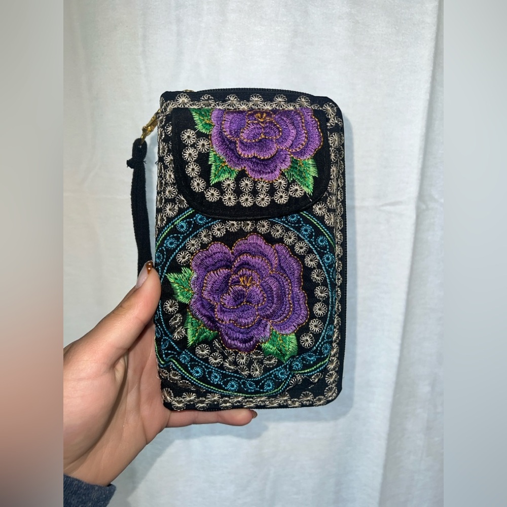 Boho Mexican Embroidered Purple Floral Zip Around Wallet Clutch